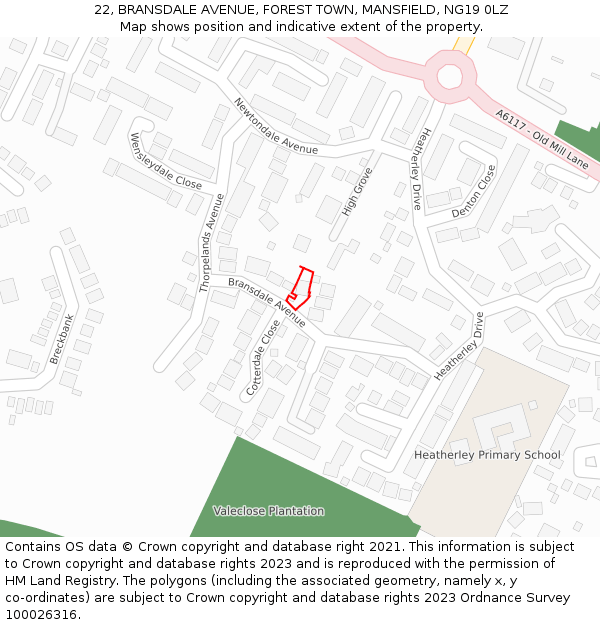 22, BRANSDALE AVENUE, FOREST TOWN, MANSFIELD, NG19 0LZ: Location map and indicative extent of plot