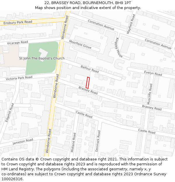 22, BRASSEY ROAD, BOURNEMOUTH, BH9 1PT: Location map and indicative extent of plot