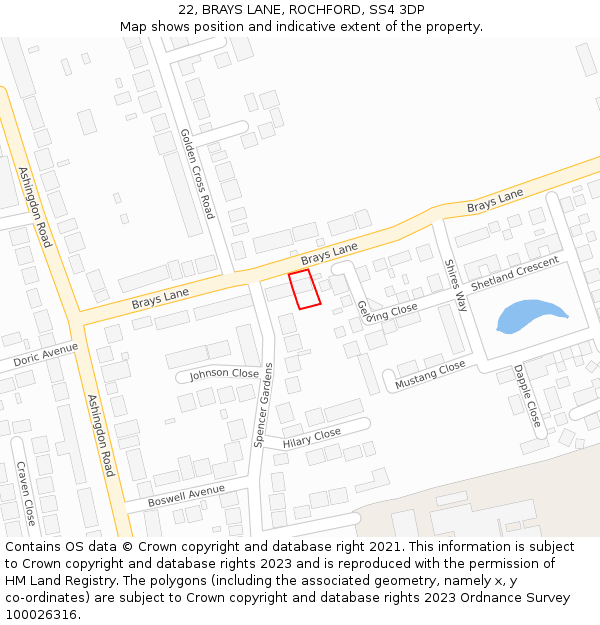 22, BRAYS LANE, ROCHFORD, SS4 3DP: Location map and indicative extent of plot