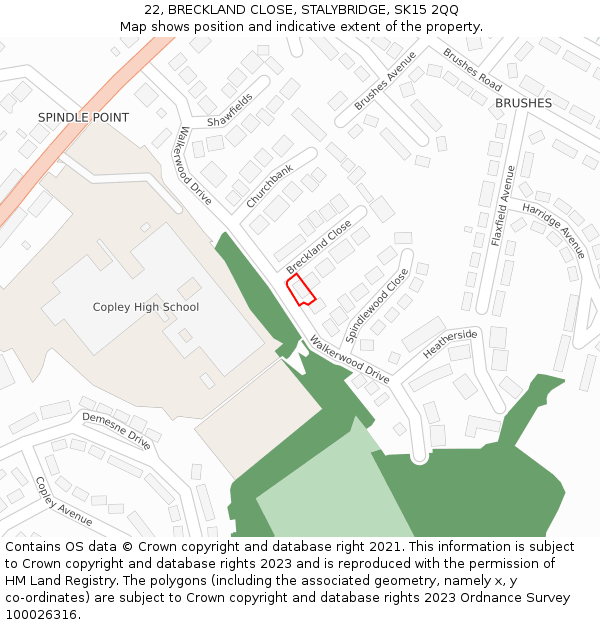 22, BRECKLAND CLOSE, STALYBRIDGE, SK15 2QQ: Location map and indicative extent of plot