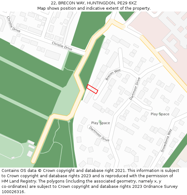 22, BRECON WAY, HUNTINGDON, PE29 6XZ: Location map and indicative extent of plot