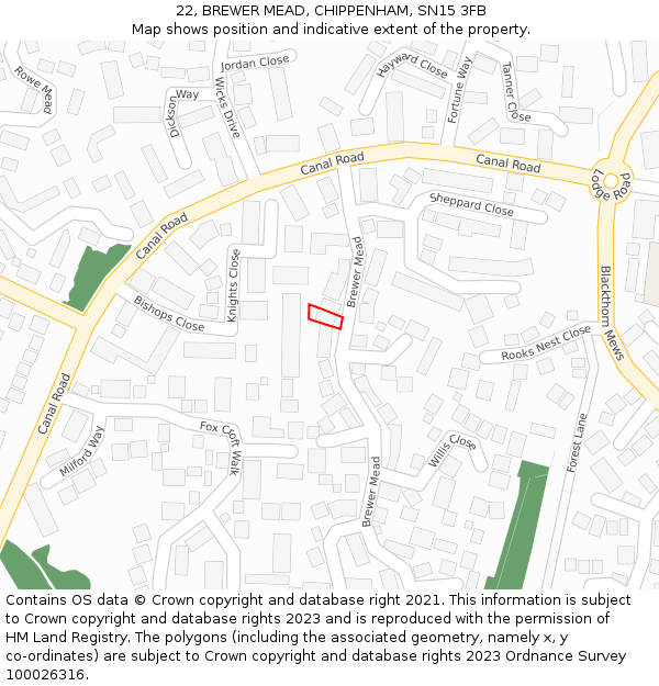 22, BREWER MEAD, CHIPPENHAM, SN15 3FB: Location map and indicative extent of plot