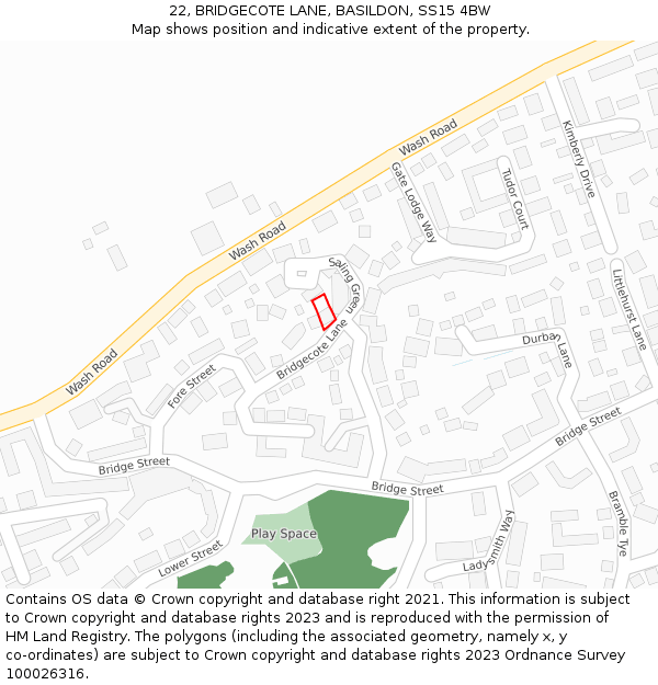 22, BRIDGECOTE LANE, BASILDON, SS15 4BW: Location map and indicative extent of plot
