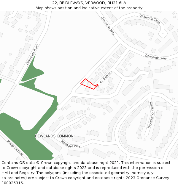 22, BRIDLEWAYS, VERWOOD, BH31 6LA: Location map and indicative extent of plot
