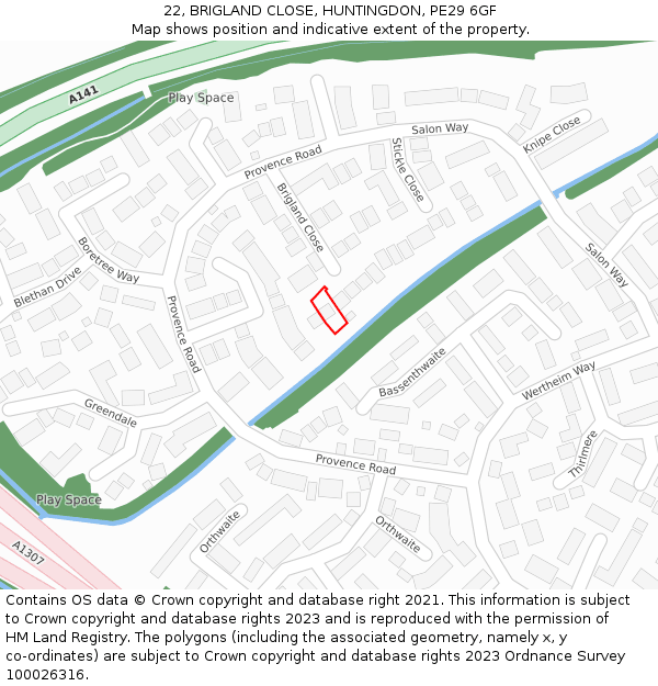 22, BRIGLAND CLOSE, HUNTINGDON, PE29 6GF: Location map and indicative extent of plot