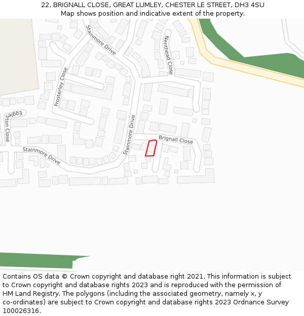 22, BRIGNALL CLOSE, GREAT LUMLEY, CHESTER LE STREET, DH3 4SU: Location map and indicative extent of plot