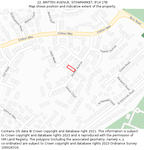 22, BRITTEN AVENUE, STOWMARKET, IP14 1TB: Location map and indicative extent of plot