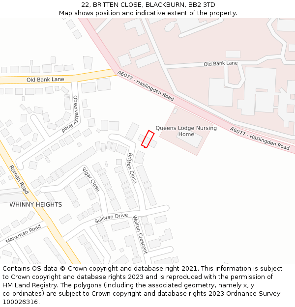 22, BRITTEN CLOSE, BLACKBURN, BB2 3TD: Location map and indicative extent of plot