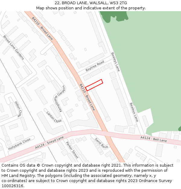 22, BROAD LANE, WALSALL, WS3 2TG: Location map and indicative extent of plot