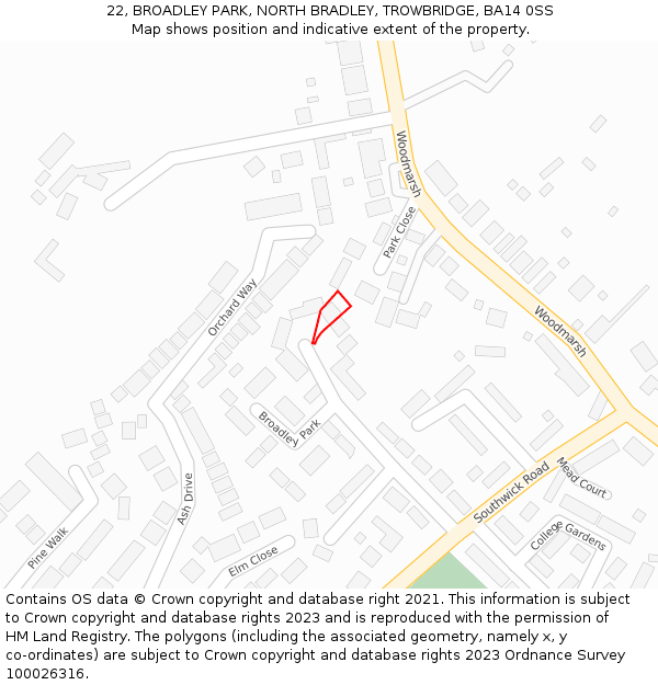 22, BROADLEY PARK, NORTH BRADLEY, TROWBRIDGE, BA14 0SS: Location map and indicative extent of plot