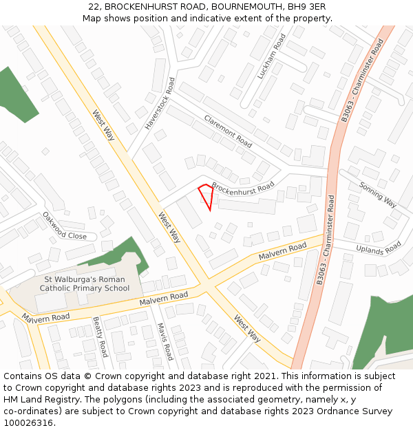 22, BROCKENHURST ROAD, BOURNEMOUTH, BH9 3ER: Location map and indicative extent of plot