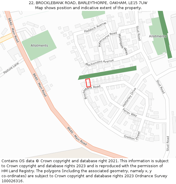 22, BROCKLEBANK ROAD, BARLEYTHORPE, OAKHAM, LE15 7UW: Location map and indicative extent of plot