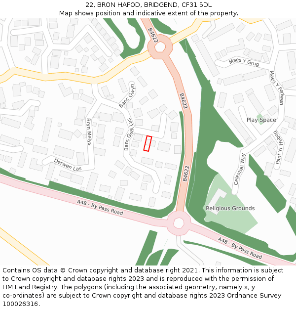 22, BRON HAFOD, BRIDGEND, CF31 5DL: Location map and indicative extent of plot