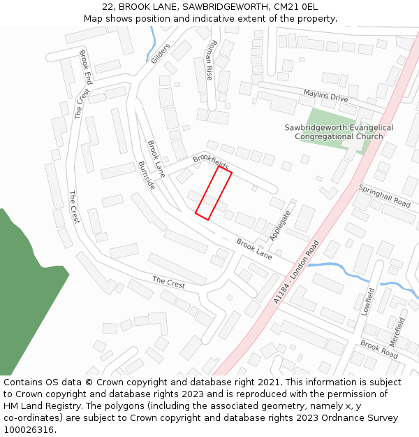 22, BROOK LANE, SAWBRIDGEWORTH, CM21 0EL: Location map and indicative extent of plot