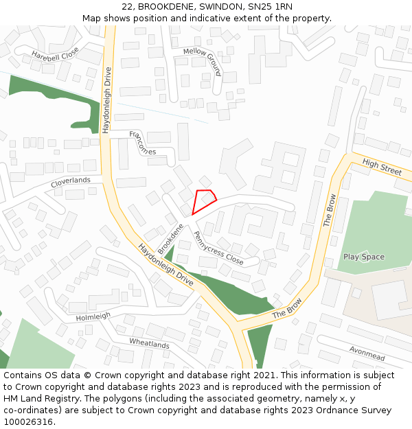 22, BROOKDENE, SWINDON, SN25 1RN: Location map and indicative extent of plot