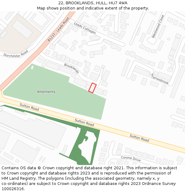 22, BROOKLANDS, HULL, HU7 4WA: Location map and indicative extent of plot