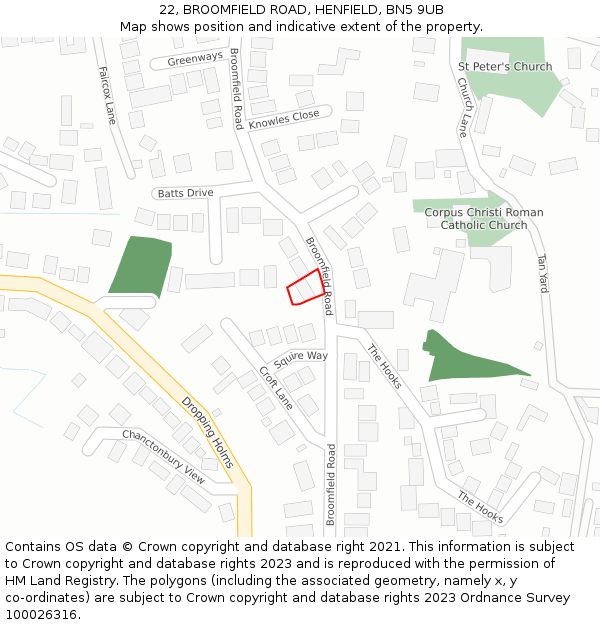 22, BROOMFIELD ROAD, HENFIELD, BN5 9UB: Location map and indicative extent of plot