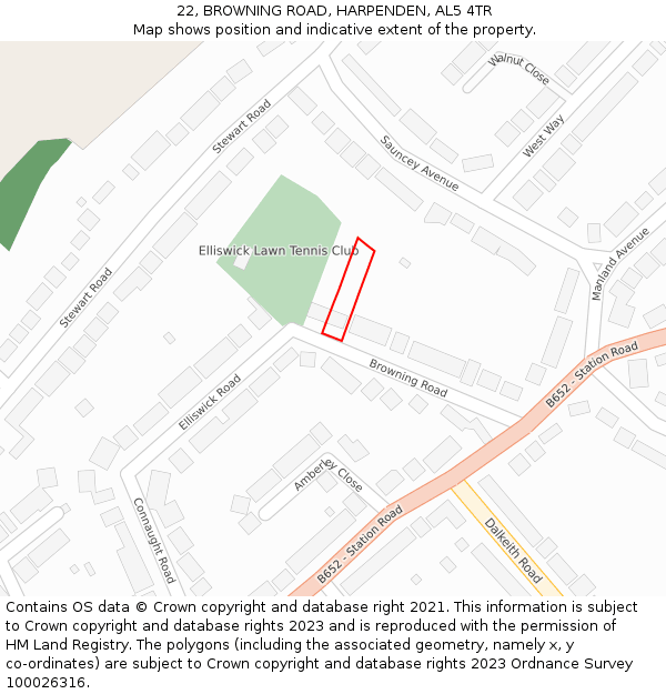 22, BROWNING ROAD, HARPENDEN, AL5 4TR: Location map and indicative extent of plot