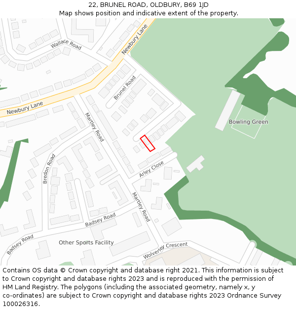 22, BRUNEL ROAD, OLDBURY, B69 1JD: Location map and indicative extent of plot