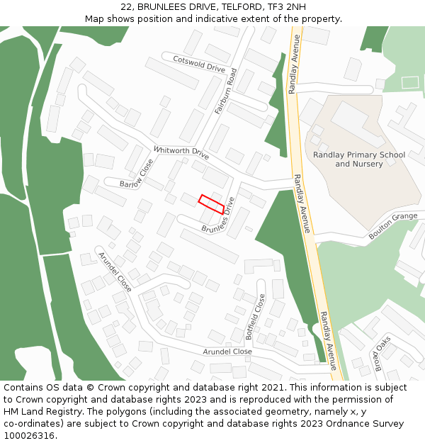 22, BRUNLEES DRIVE, TELFORD, TF3 2NH: Location map and indicative extent of plot