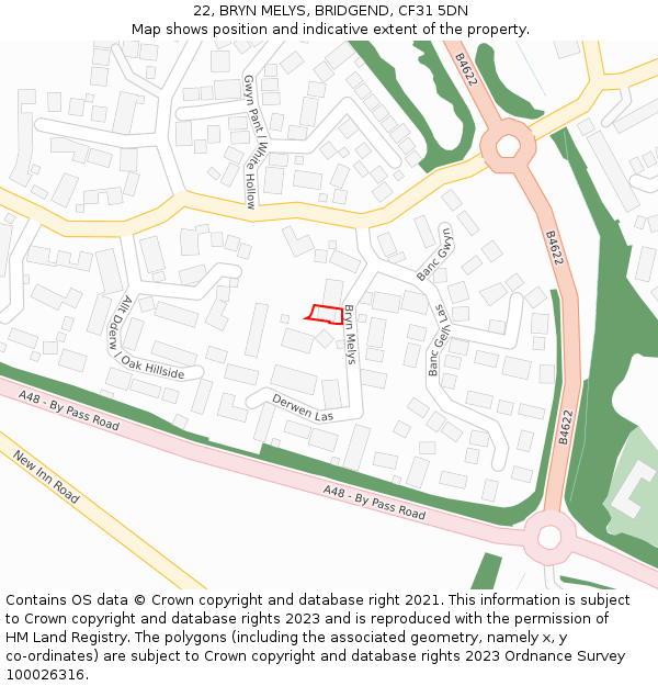 22, BRYN MELYS, BRIDGEND, CF31 5DN: Location map and indicative extent of plot