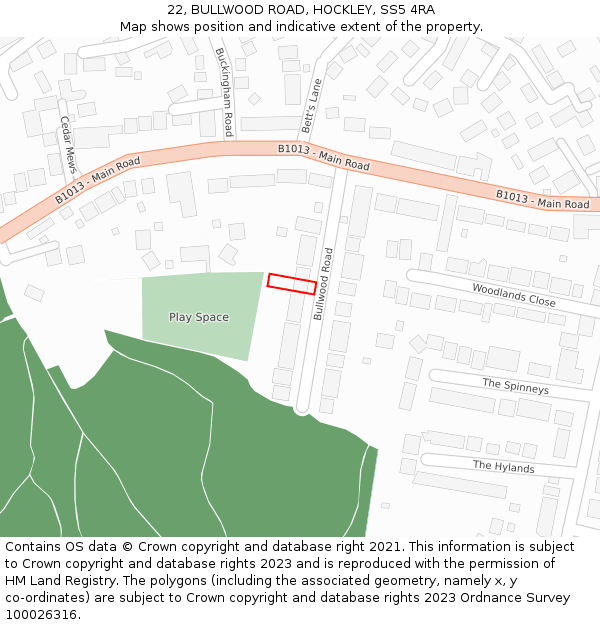 22, BULLWOOD ROAD, HOCKLEY, SS5 4RA: Location map and indicative extent of plot