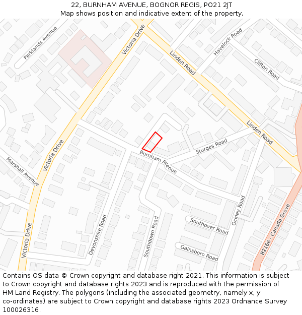 22, BURNHAM AVENUE, BOGNOR REGIS, PO21 2JT: Location map and indicative extent of plot