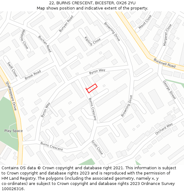 22, BURNS CRESCENT, BICESTER, OX26 2YU: Location map and indicative extent of plot