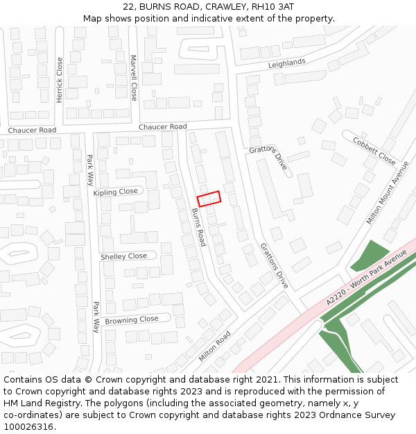 22, BURNS ROAD, CRAWLEY, RH10 3AT: Location map and indicative extent of plot