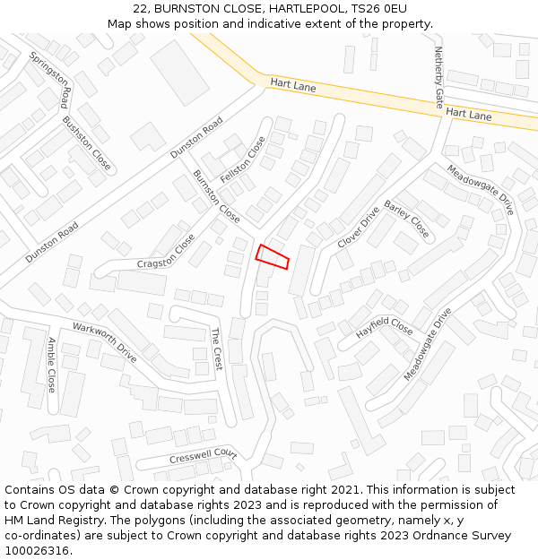 22, BURNSTON CLOSE, HARTLEPOOL, TS26 0EU: Location map and indicative extent of plot