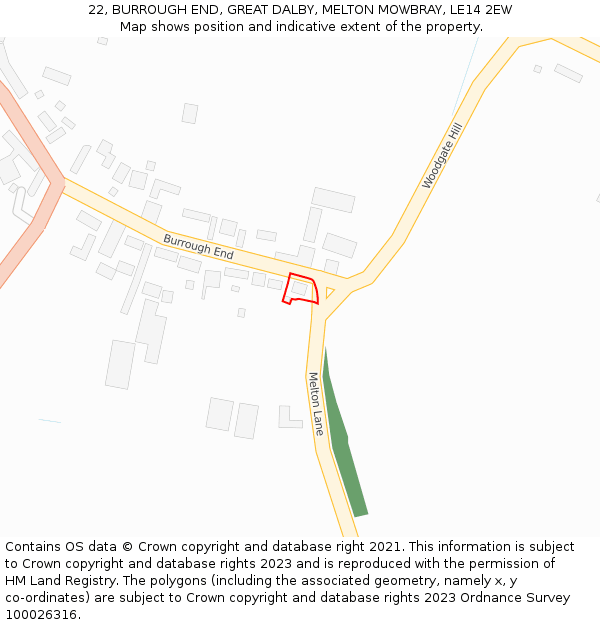 22, BURROUGH END, GREAT DALBY, MELTON MOWBRAY, LE14 2EW: Location map and indicative extent of plot