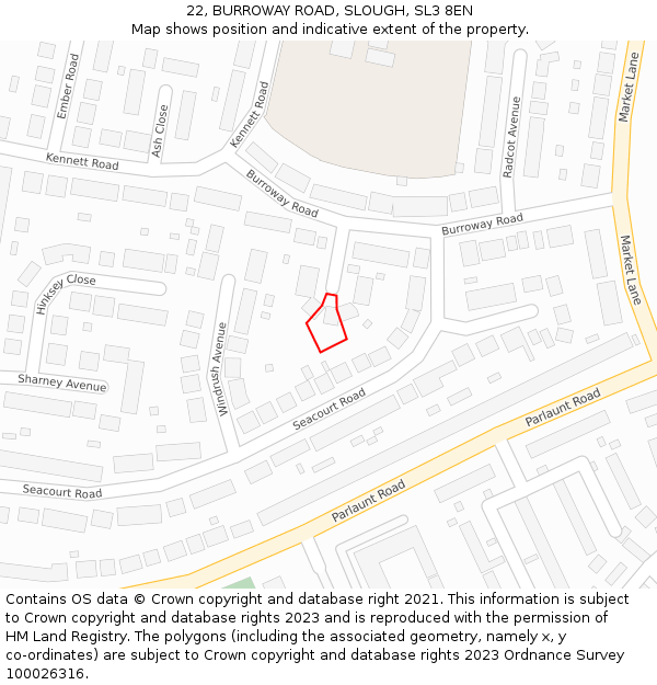 22, BURROWAY ROAD, SLOUGH, SL3 8EN: Location map and indicative extent of plot