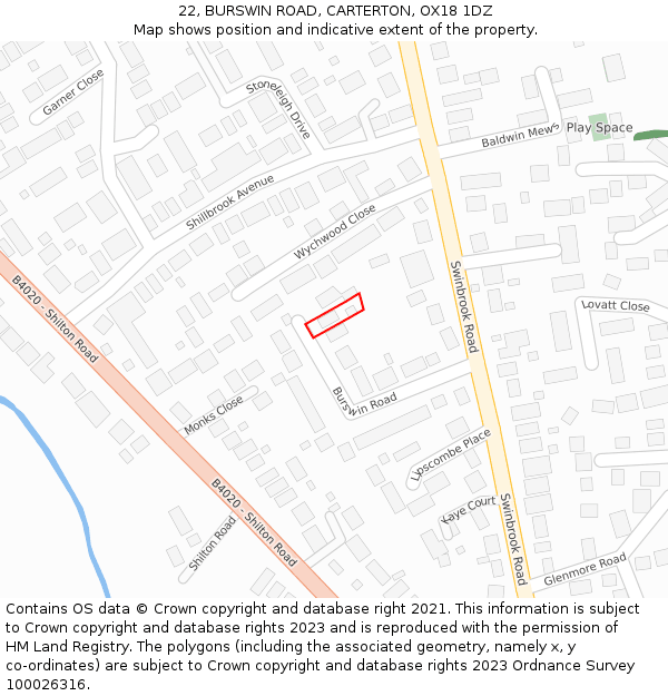 22, BURSWIN ROAD, CARTERTON, OX18 1DZ: Location map and indicative extent of plot