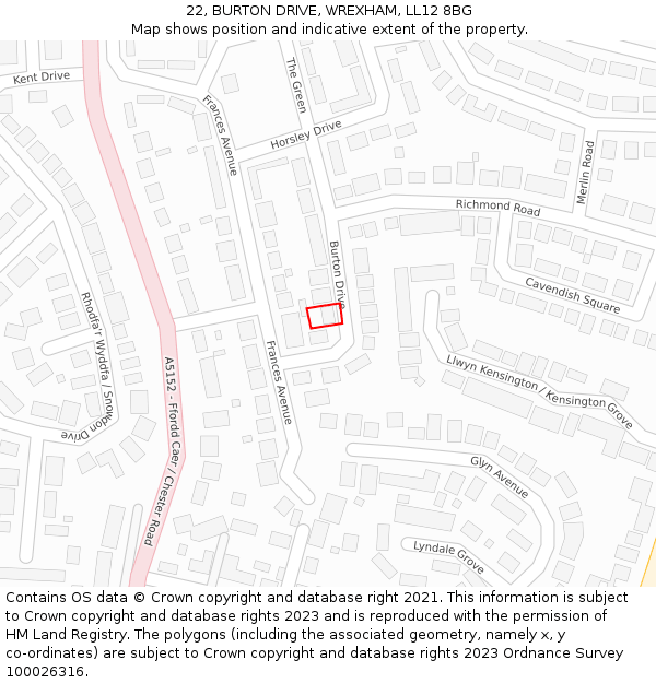 22, BURTON DRIVE, WREXHAM, LL12 8BG: Location map and indicative extent of plot