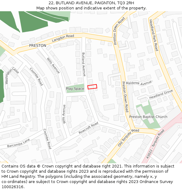 22, BUTLAND AVENUE, PAIGNTON, TQ3 2RH: Location map and indicative extent of plot
