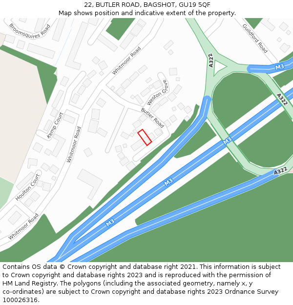 22, BUTLER ROAD, BAGSHOT, GU19 5QF: Location map and indicative extent of plot