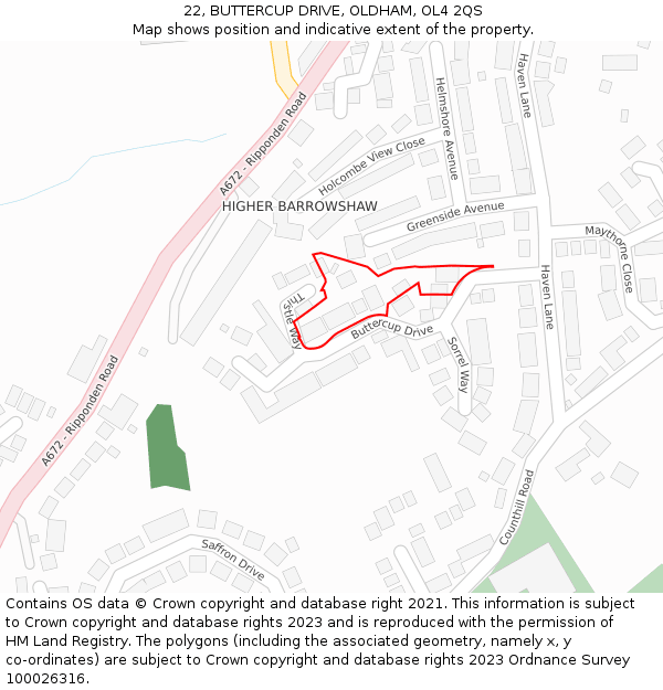 22, BUTTERCUP DRIVE, OLDHAM, OL4 2QS: Location map and indicative extent of plot