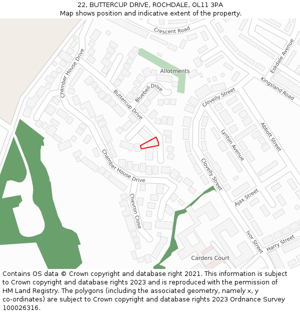 22, BUTTERCUP DRIVE, ROCHDALE, OL11 3PA: Location map and indicative extent of plot