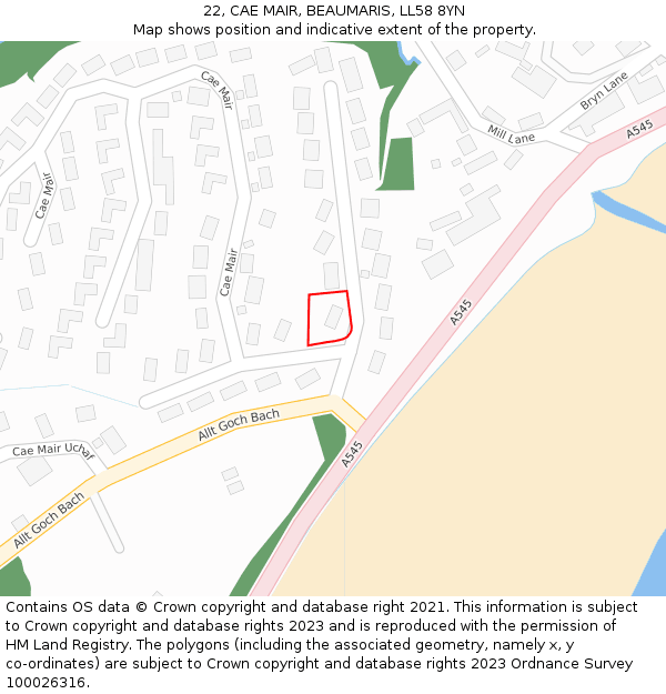 22, CAE MAIR, BEAUMARIS, LL58 8YN: Location map and indicative extent of plot