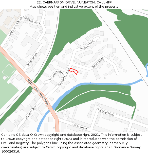 22, CAERNARFON DRIVE, NUNEATON, CV11 4FP: Location map and indicative extent of plot