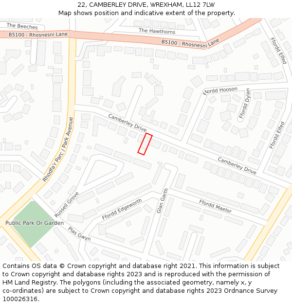 22, CAMBERLEY DRIVE, WREXHAM, LL12 7LW: Location map and indicative extent of plot