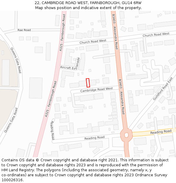 22, CAMBRIDGE ROAD WEST, FARNBOROUGH, GU14 6RW: Location map and indicative extent of plot