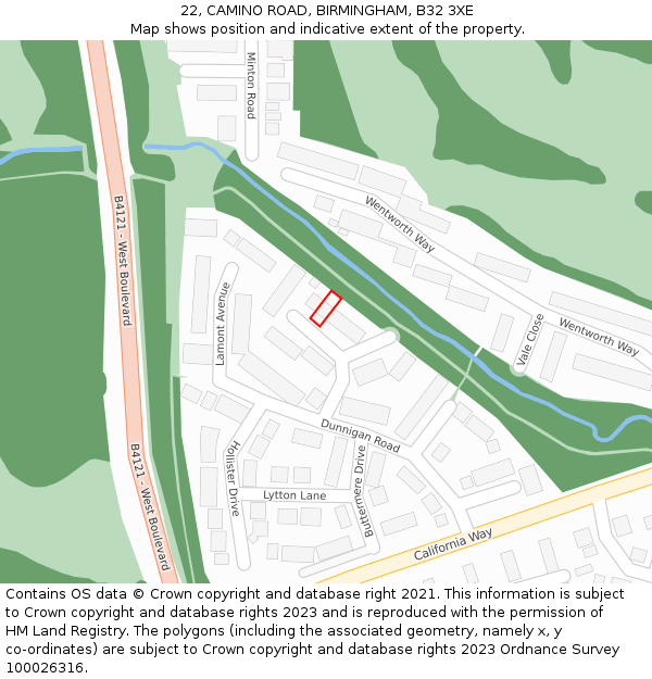 22, CAMINO ROAD, BIRMINGHAM, B32 3XE: Location map and indicative extent of plot