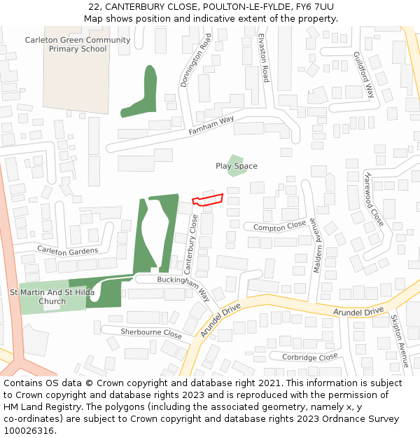 22, CANTERBURY CLOSE, POULTON-LE-FYLDE, FY6 7UU: Location map and indicative extent of plot