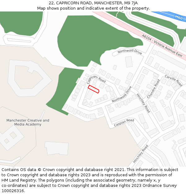 22, CAPRICORN ROAD, MANCHESTER, M9 7JA: Location map and indicative extent of plot