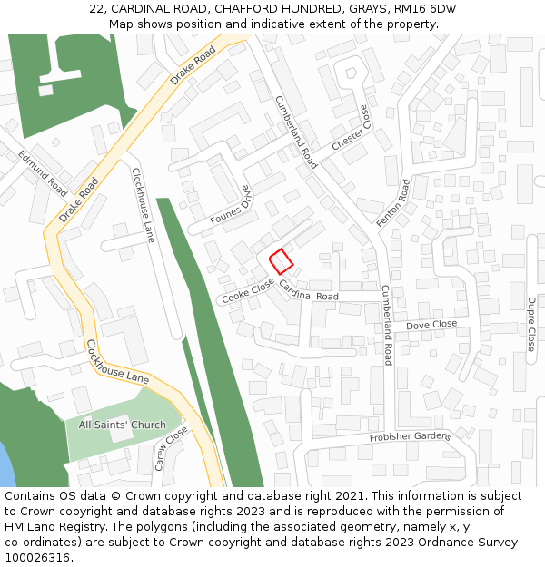 22, CARDINAL ROAD, CHAFFORD HUNDRED, GRAYS, RM16 6DW: Location map and indicative extent of plot