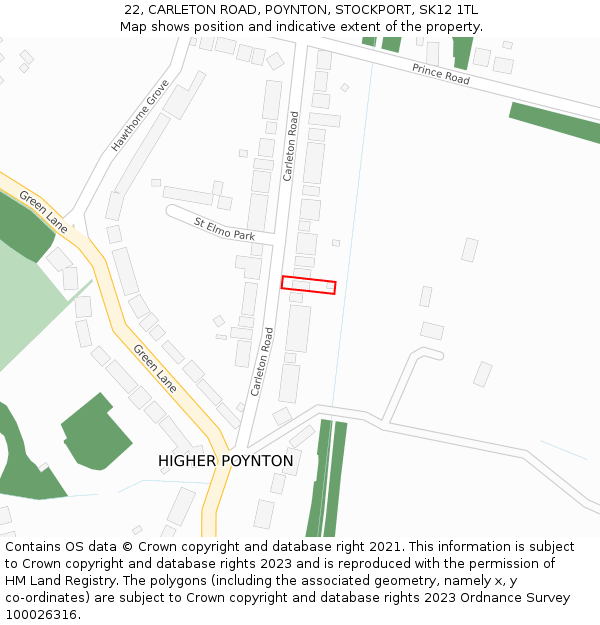 22, CARLETON ROAD, POYNTON, STOCKPORT, SK12 1TL: Location map and indicative extent of plot