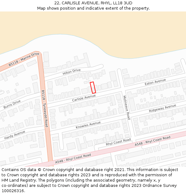 22, CARLISLE AVENUE, RHYL, LL18 3UD: Location map and indicative extent of plot