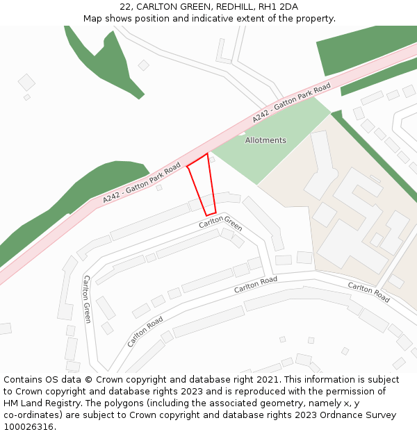 22, CARLTON GREEN, REDHILL, RH1 2DA: Location map and indicative extent of plot