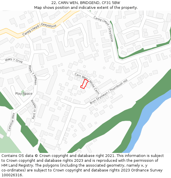 22, CARN WEN, BRIDGEND, CF31 5BW: Location map and indicative extent of plot